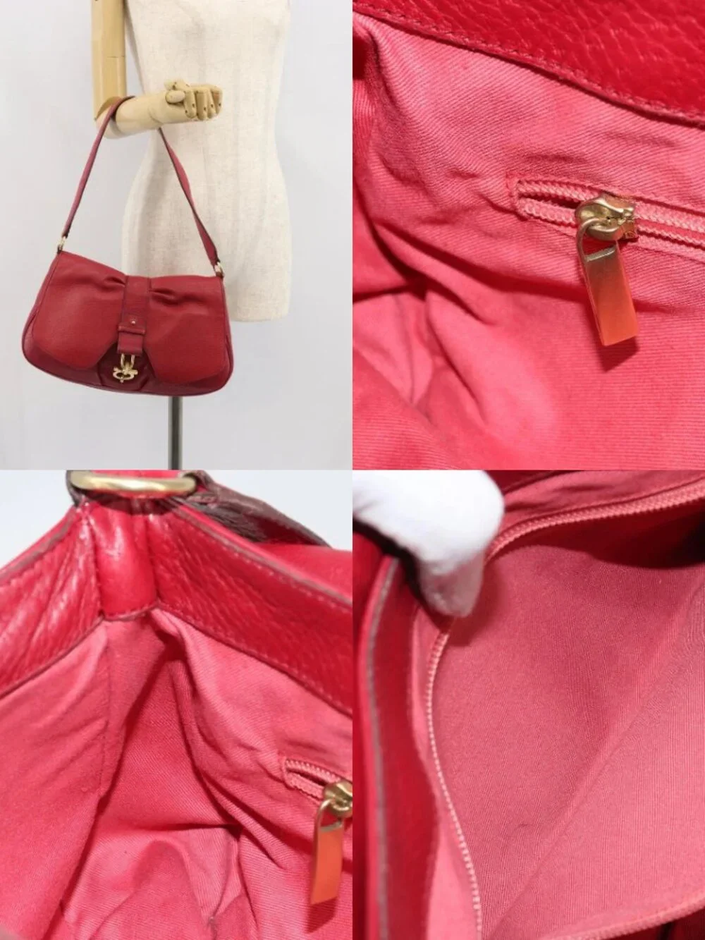 Salvatore Ferragamo Gancini Shoulder Bag Leather Red Gold Auth 166427
